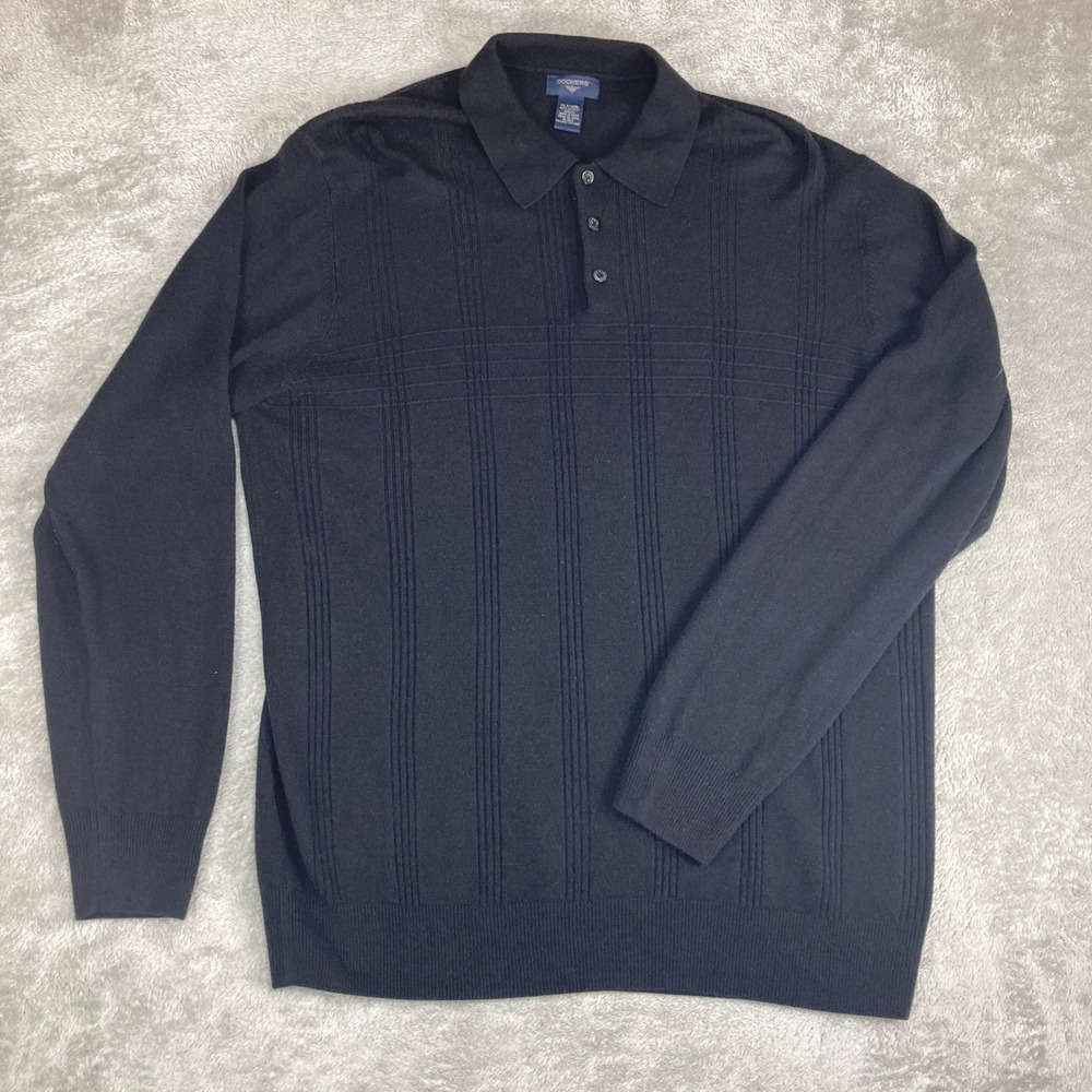 Dockers Sweater Mens XLT Long Sleeve‎ Polo Black Plaid Texture Knit Top
